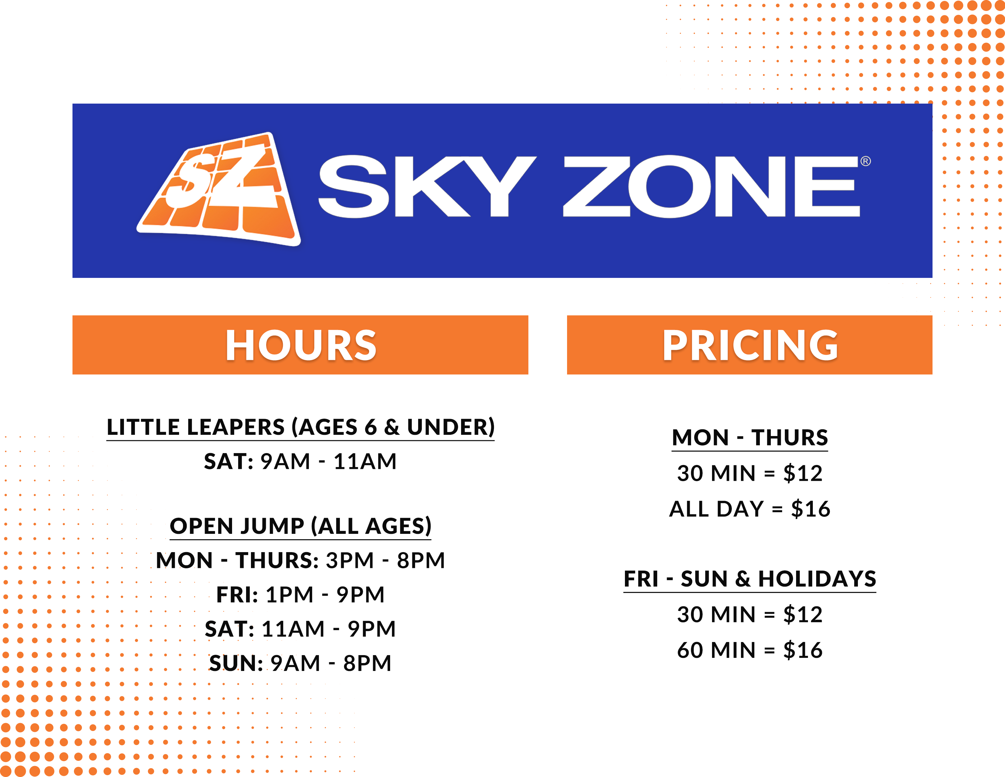 Sky Zone Hours Prices Desk Flyer
