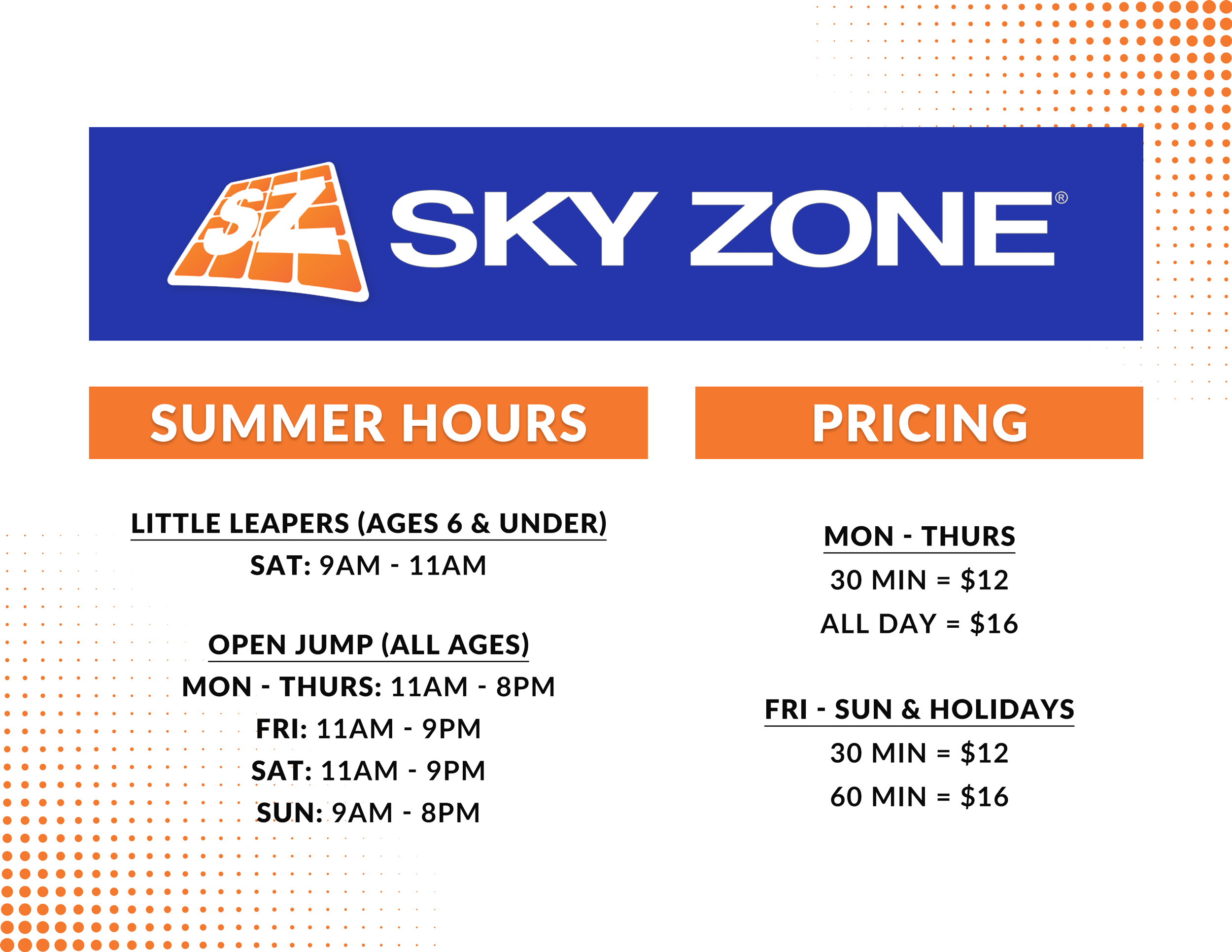 Sky Zone Summer Hours Prices Desk Flyer